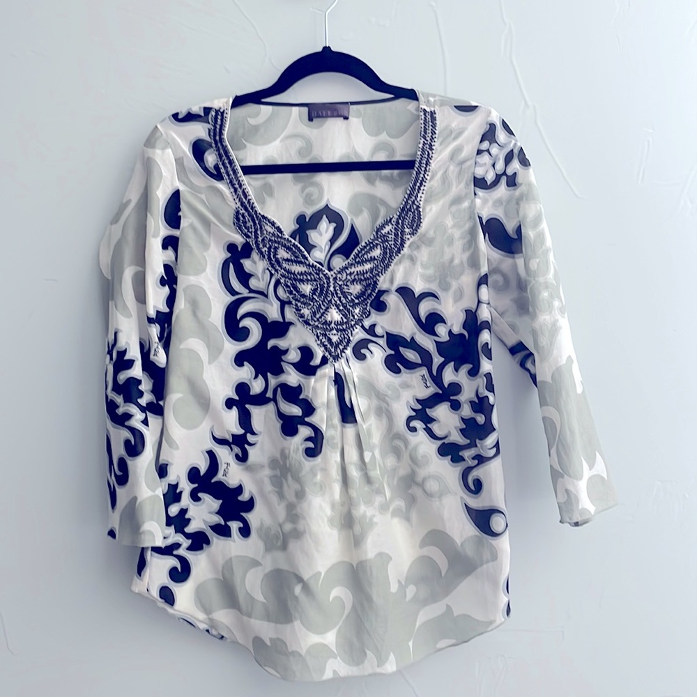 Hale Bob Silk Cotton Shirt with Beaded accents, size small